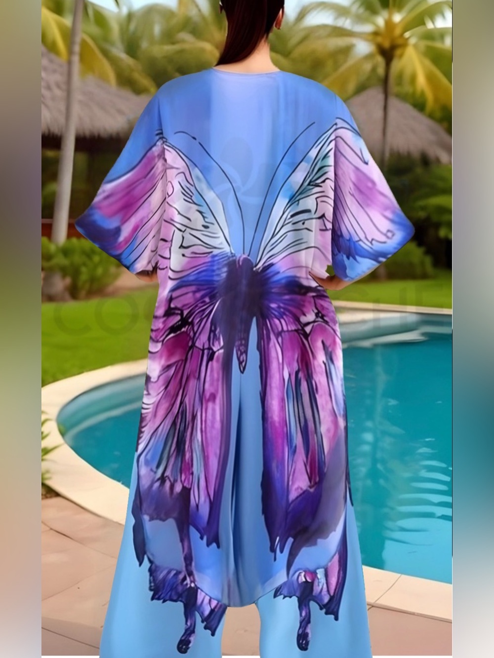 Luxury Two Piece Set Butterfly Kimono & Pants Trousers Swimsuit Coverup